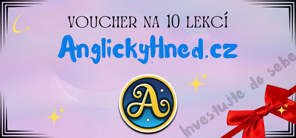 Dárkový voucher na 10 lekcí, online kurzy angličtiny AnglickyHned.cz, motiv s logem a červenou mašlí.